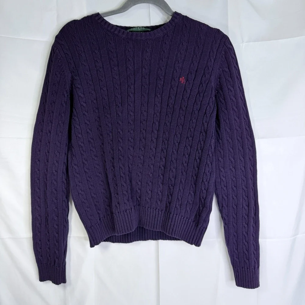 Polo Ralph Lauren Woman's Cable Knit Crewneck Sweater Purple Cotton  Size M
